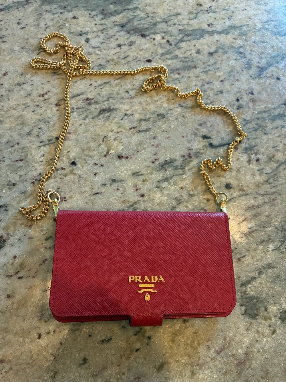 Prada Red Saffiano Leather Wallet on Chain Gold Tone Crossbody bag with wear
